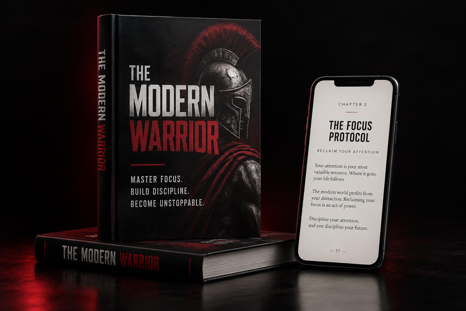 The Modern Warrior hardcover book and ebook shown on a phone